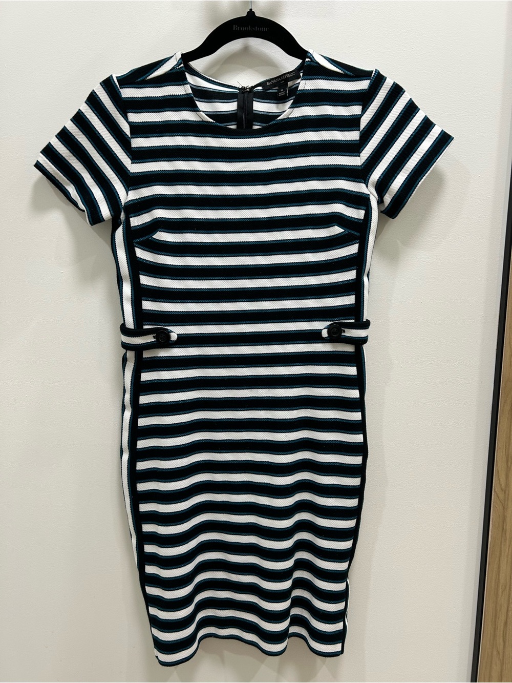 Banana Republic Black, Blue & White Striped Short Sleeve Dress